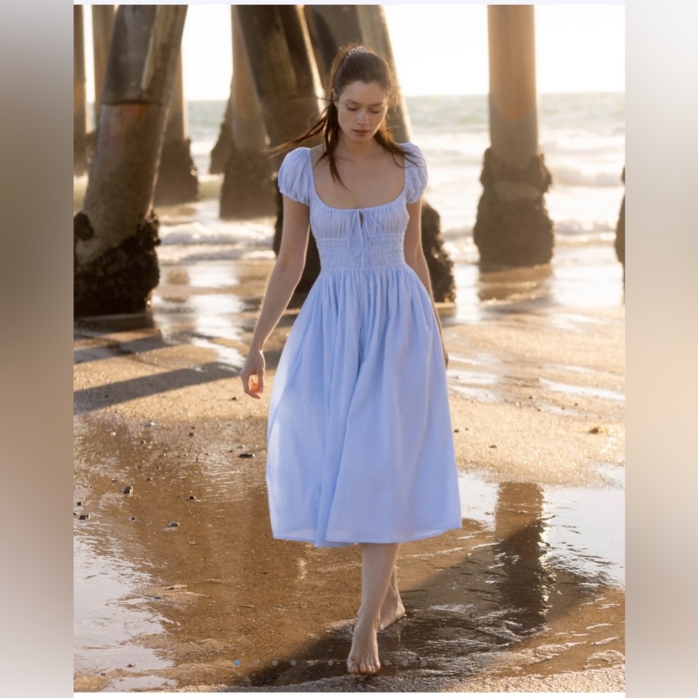 Kitteny Darly Dress in Blue Seersucker Stripe